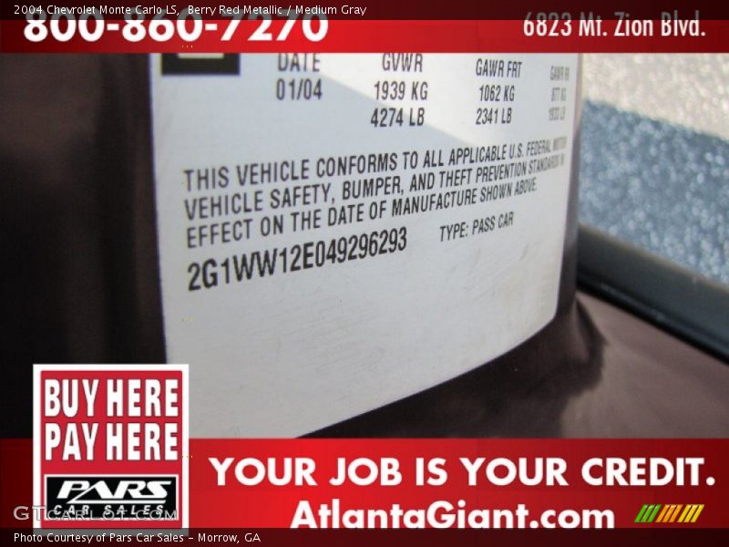 Berry Red Metallic / Medium Gray 2004 Chevrolet Monte Carlo LS