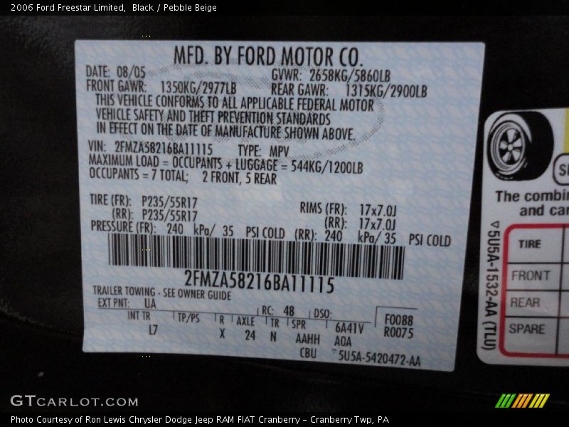 2006 Freestar Limited Black Color Code UA