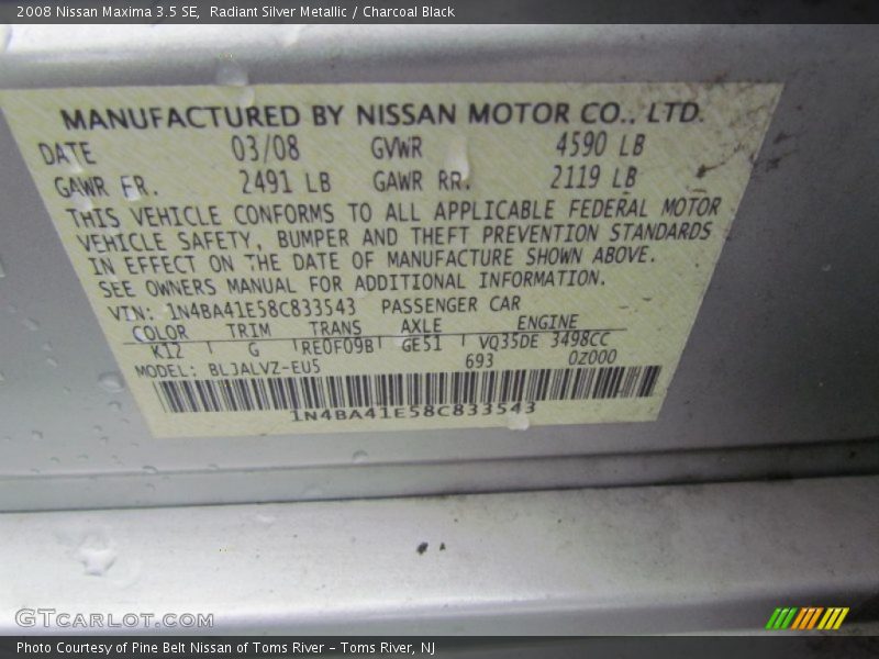 Radiant Silver Metallic / Charcoal Black 2008 Nissan Maxima 3.5 SE