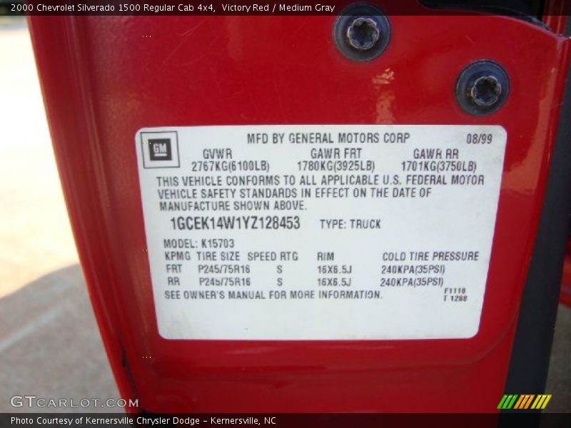 Info Tag of 2000 Silverado 1500 Regular Cab 4x4