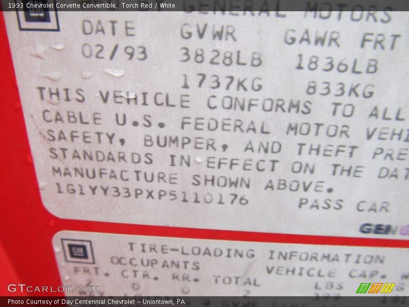 Info Tag of 1993 Corvette Convertible
