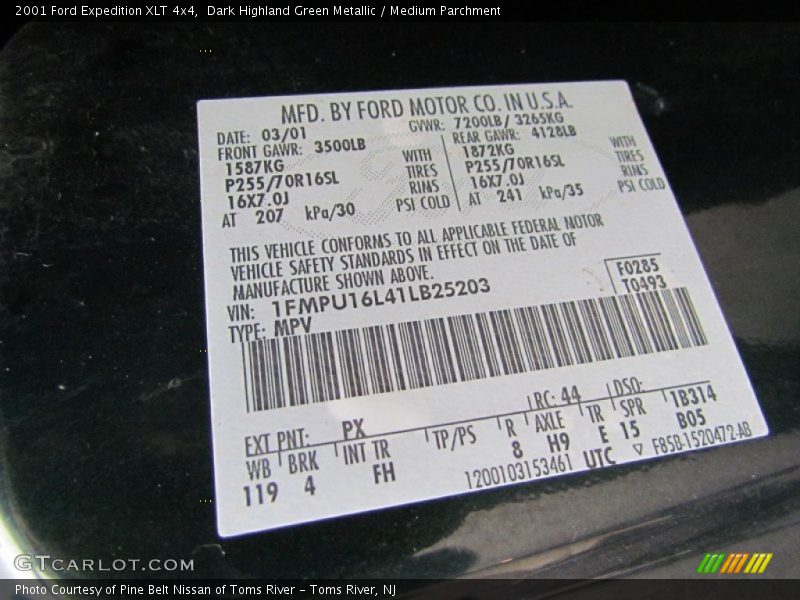 2001 Expedition XLT 4x4 Dark Highland Green Metallic Color Code PX