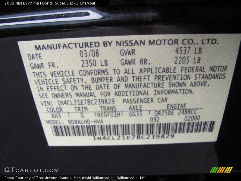 2008 Altima Hybrid Super Black Color Code KH3