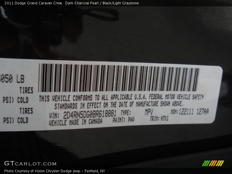 Dark Charcoal Pearl / Black/Light Graystone 2011 Dodge Grand Caravan Crew