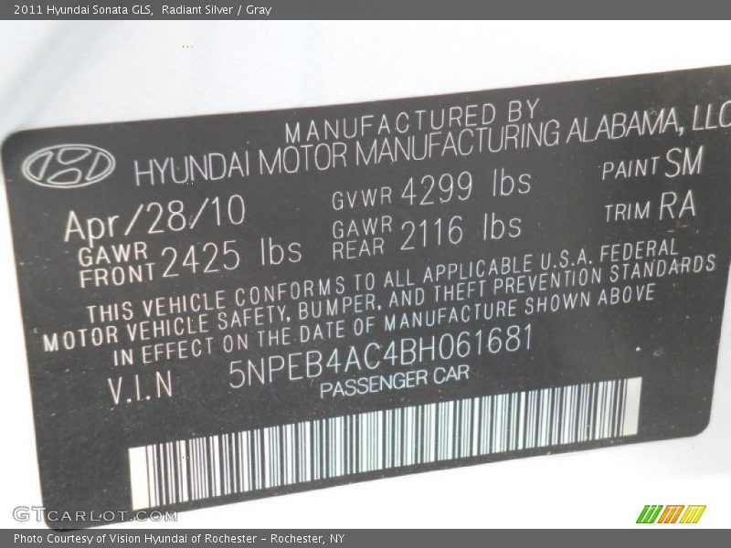 Radiant Silver / Gray 2011 Hyundai Sonata GLS