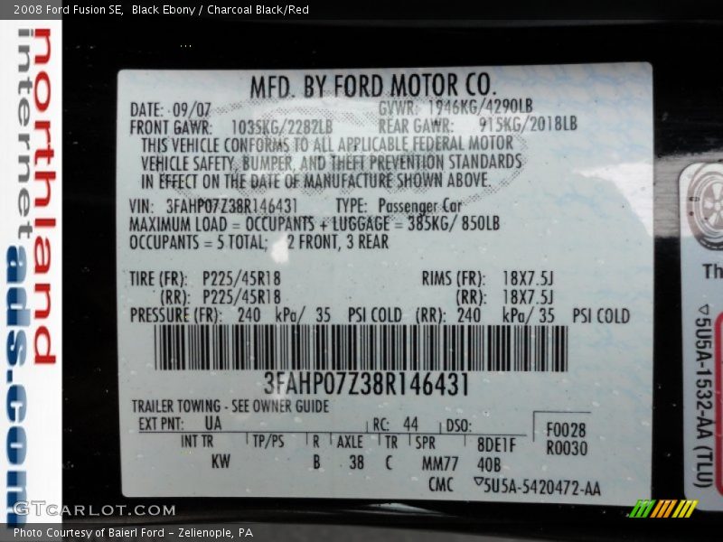 Black Ebony / Charcoal Black/Red 2008 Ford Fusion SE