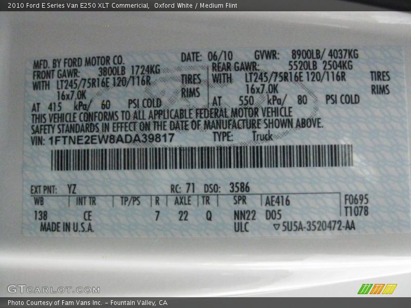 Oxford White / Medium Flint 2010 Ford E Series Van E250 XLT Commericial