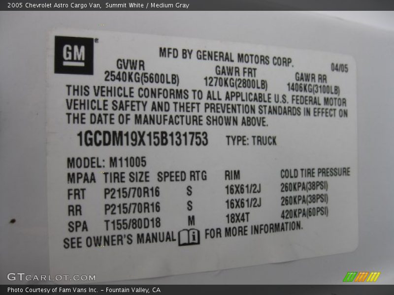 Summit White / Medium Gray 2005 Chevrolet Astro Cargo Van