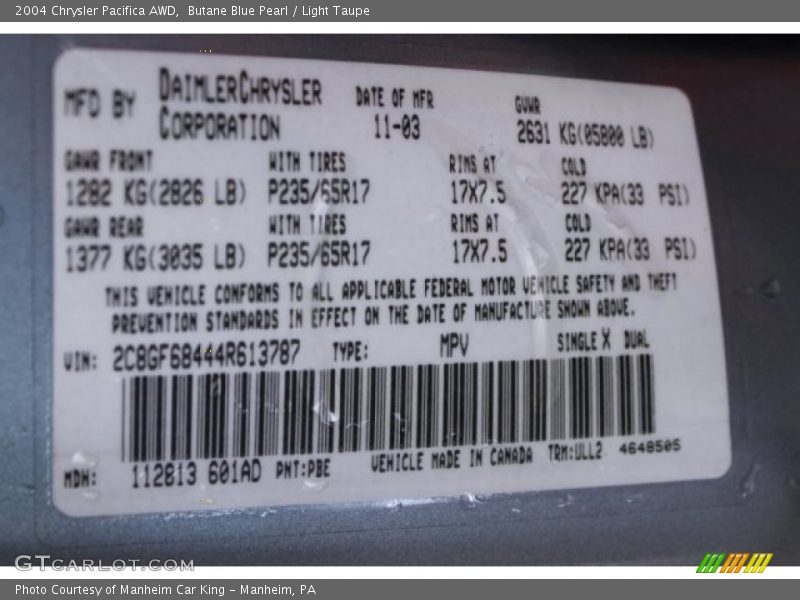 Butane Blue Pearl / Light Taupe 2004 Chrysler Pacifica AWD