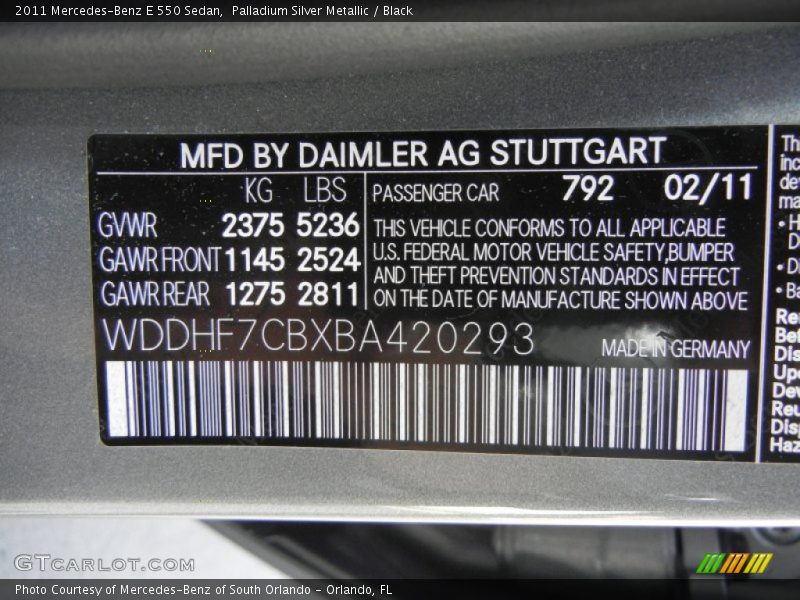 Palladium Silver Metallic / Black 2011 Mercedes-Benz E 550 Sedan