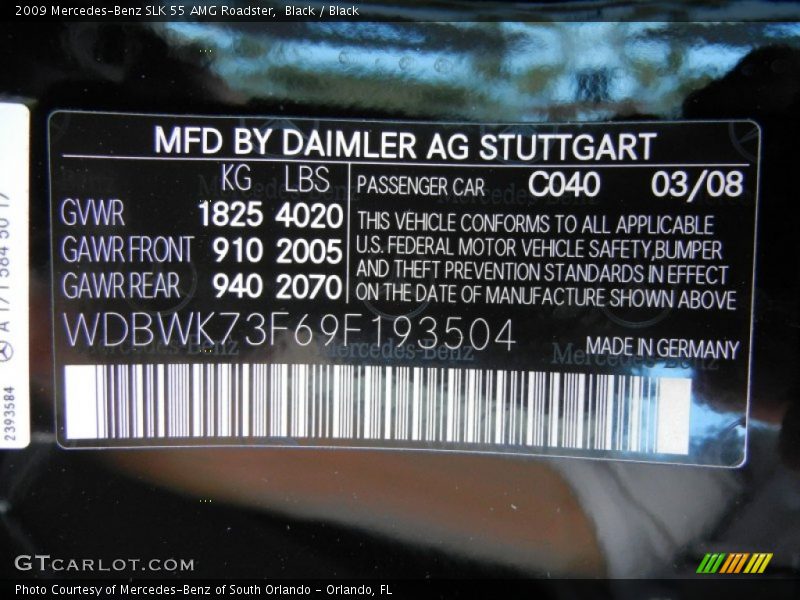 2009 SLK 55 AMG Roadster Black Color Code 040