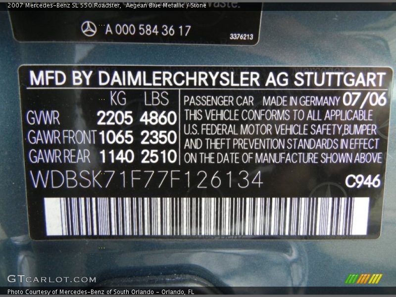 2007 SL 550 Roadster Aegean Blue Metallic Color Code 946