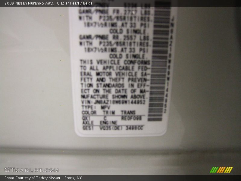 Glacier Pearl / Beige 2009 Nissan Murano S AWD