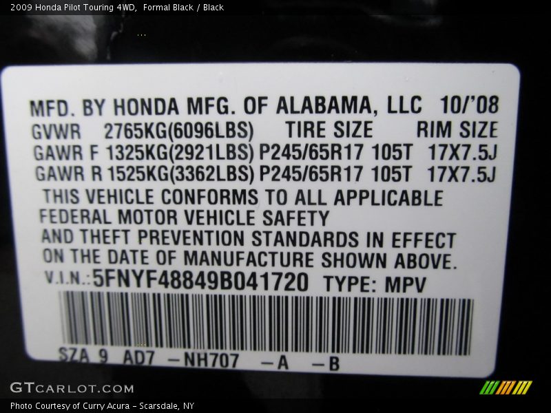 Formal Black / Black 2009 Honda Pilot Touring 4WD