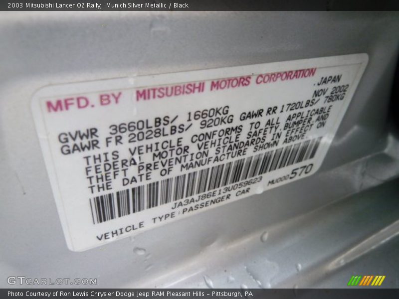 Info Tag of 2003 Lancer OZ Rally