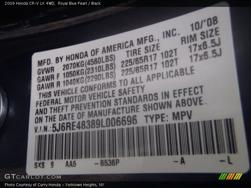 Royal Blue Pearl / Black 2009 Honda CR-V LX 4WD