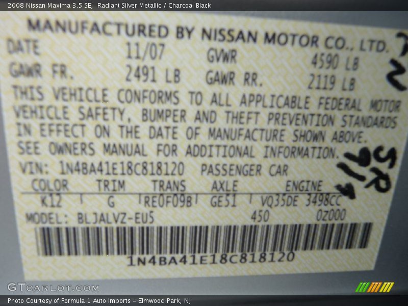 Radiant Silver Metallic / Charcoal Black 2008 Nissan Maxima 3.5 SE