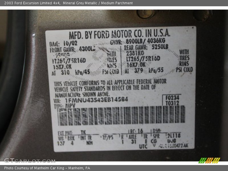 Mineral Grey Metallic / Medium Parchment 2003 Ford Excursion Limited 4x4