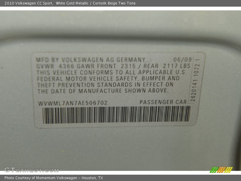 White Gold Metallic / Cornsilk Beige Two Tone 2010 Volkswagen CC Sport