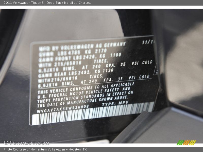 Deep Black Metallic / Charcoal 2011 Volkswagen Tiguan S