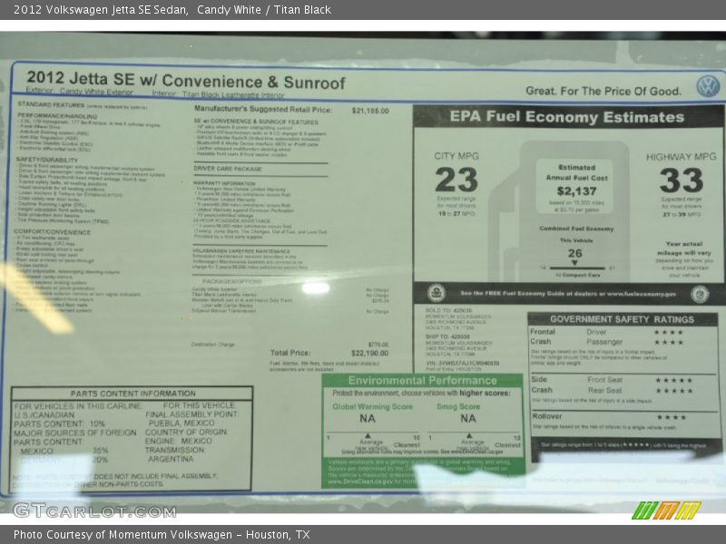 Candy White / Titan Black 2012 Volkswagen Jetta SE Sedan