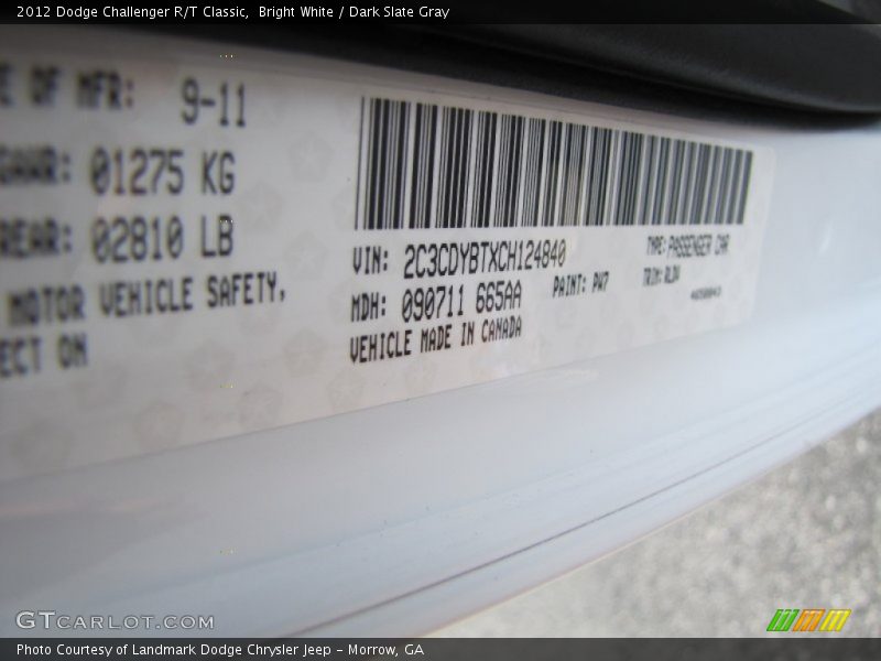 Bright White / Dark Slate Gray 2012 Dodge Challenger R/T Classic