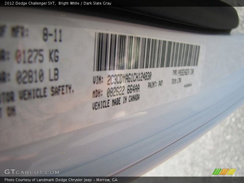 Bright White / Dark Slate Gray 2012 Dodge Challenger SXT