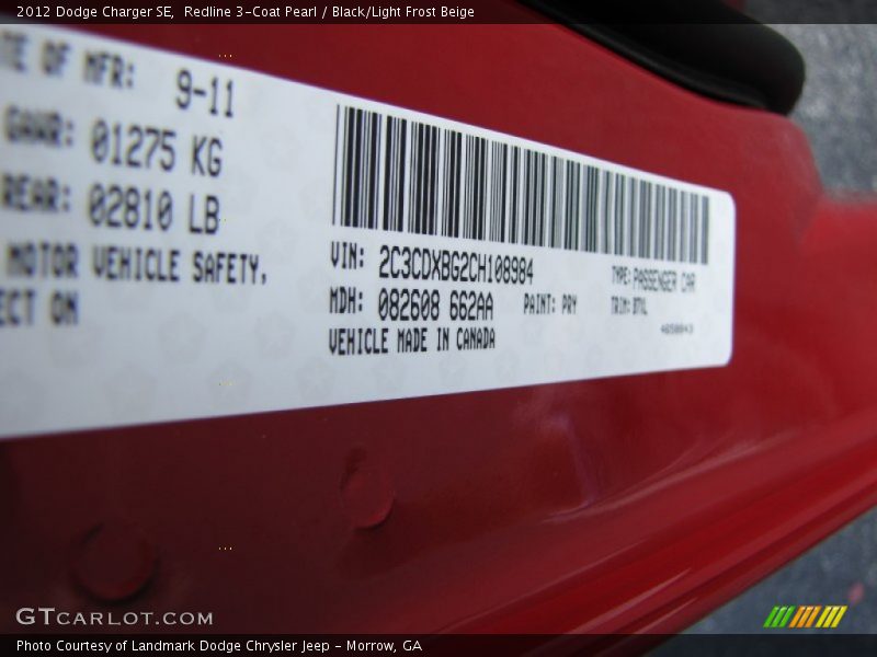 Redline 3-Coat Pearl / Black/Light Frost Beige 2012 Dodge Charger SE