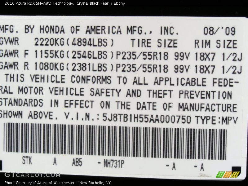 2010 RDX SH-AWD Technology Crystal Black Pearl Color Code NH731P