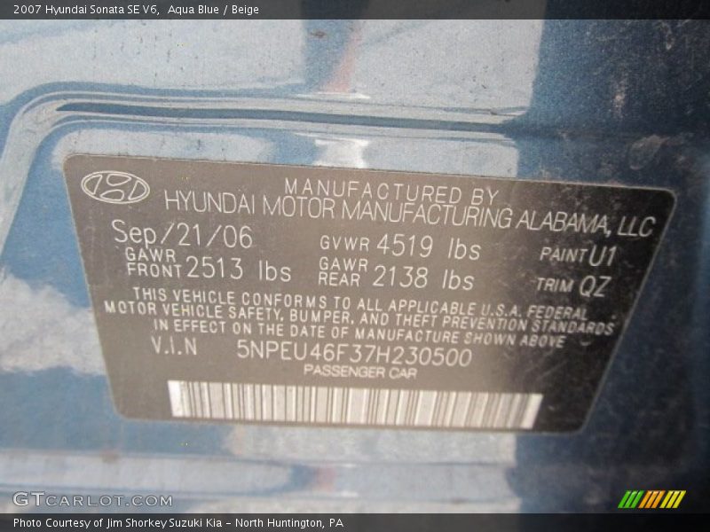 Aqua Blue / Beige 2007 Hyundai Sonata SE V6