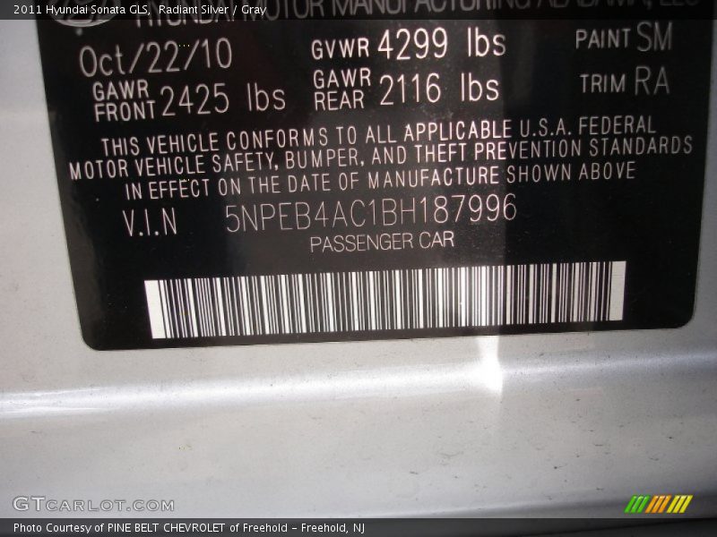 Radiant Silver / Gray 2011 Hyundai Sonata GLS