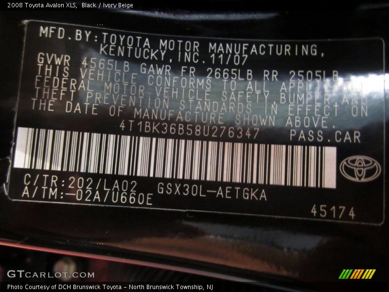 Black / Ivory Beige 2008 Toyota Avalon XLS