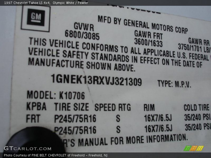 Info Tag of 1997 Tahoe LS 4x4
