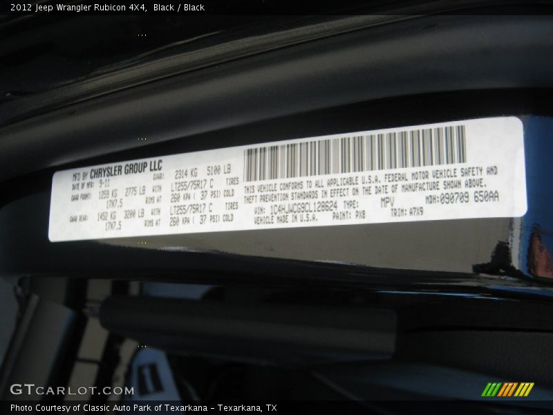 2012 Wrangler Rubicon 4X4 Black Color Code PX8