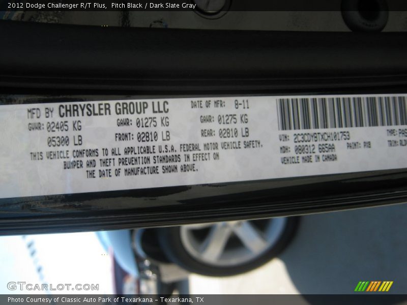 Pitch Black / Dark Slate Gray 2012 Dodge Challenger R/T Plus