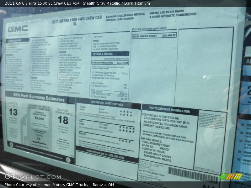  2011 Sierra 1500 SL Crew Cab 4x4 Window Sticker