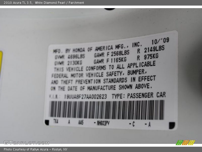 White Diamond Pearl / Parchment 2010 Acura TL 3.5