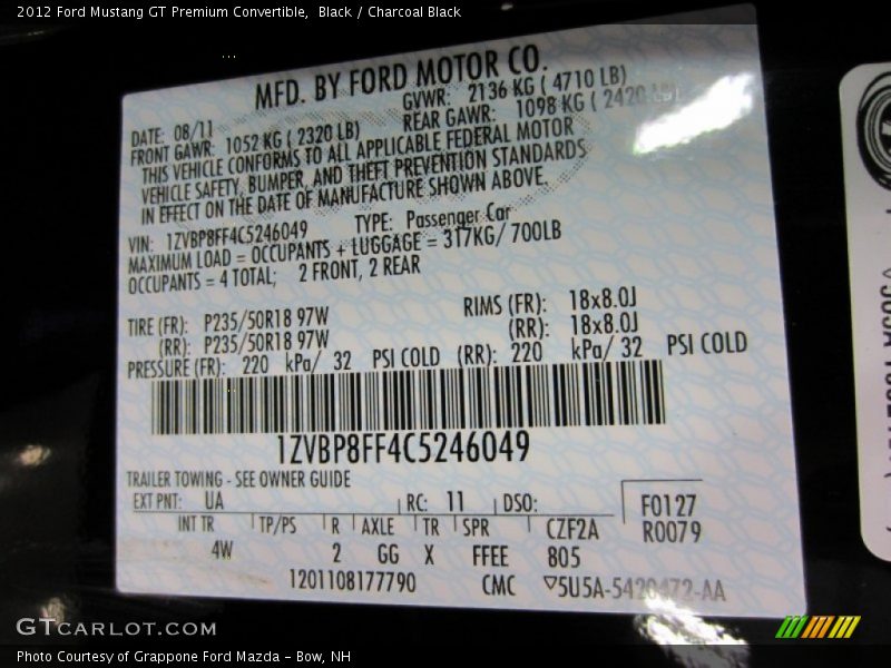 2012 Mustang GT Premium Convertible Black Color Code UA