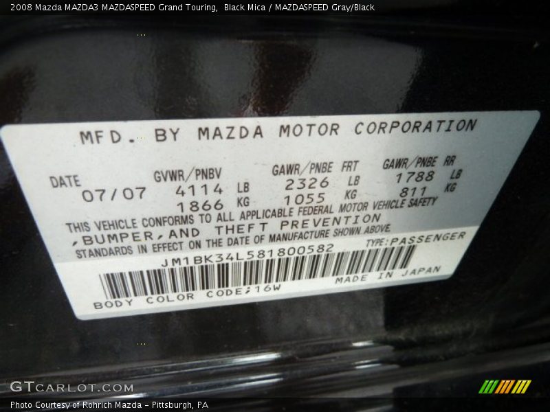 2008 MAZDA3 MAZDASPEED Grand Touring Black Mica Color Code 16W