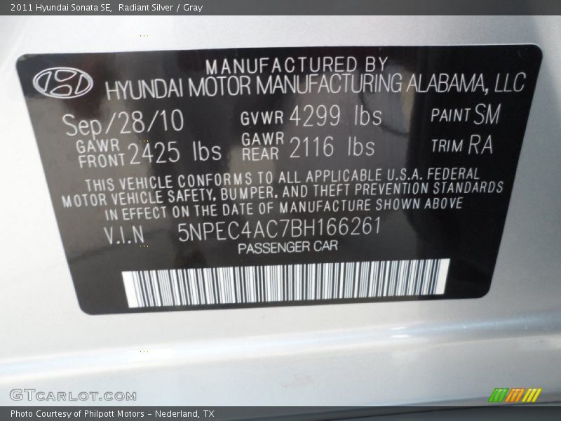 Radiant Silver / Gray 2011 Hyundai Sonata SE