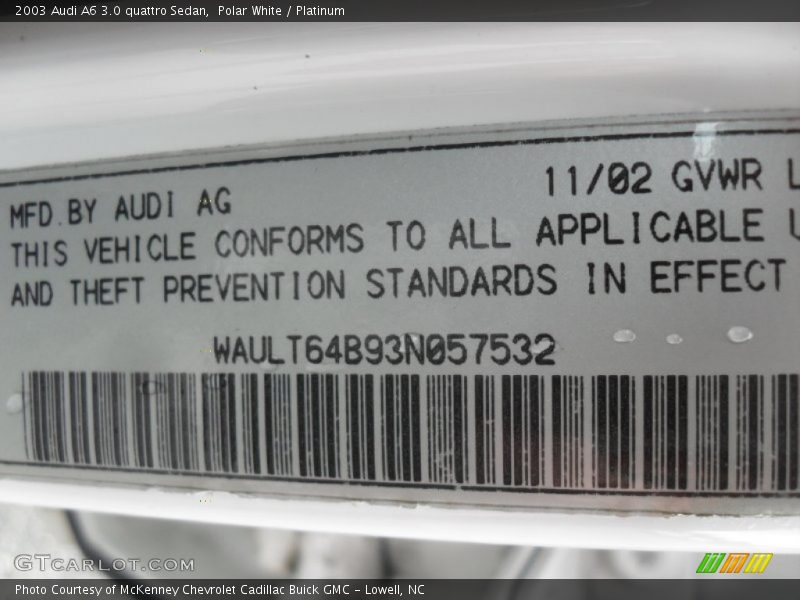 Polar White / Platinum 2003 Audi A6 3.0 quattro Sedan