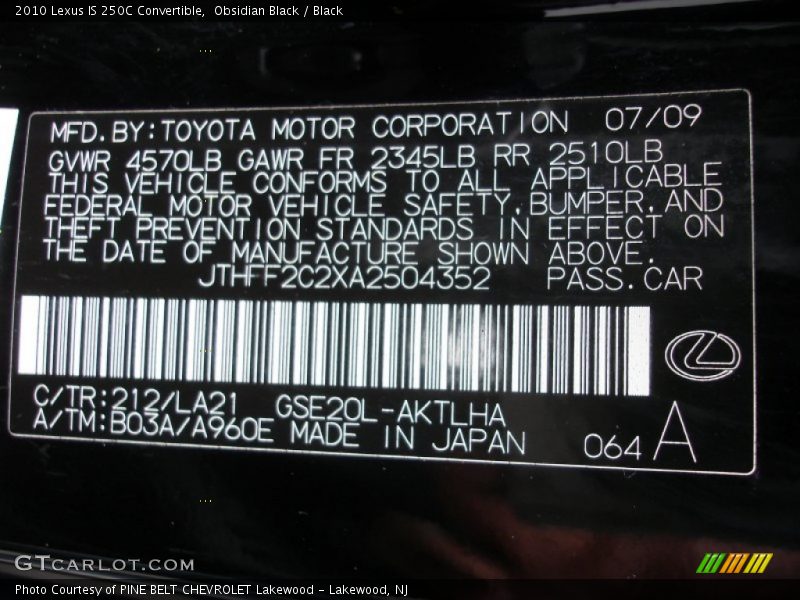 2010 IS 250C Convertible Obsidian Black Color Code 212