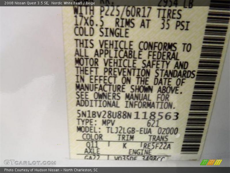 Nordic White Pearl / Beige 2008 Nissan Quest 3.5 SE
