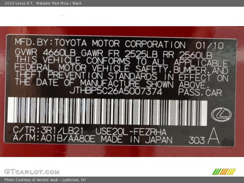 2010 IS F Matador Red Mica Color Code 3R1