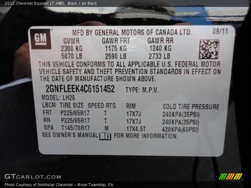 Info Tag of 2012 Equinox LT AWD