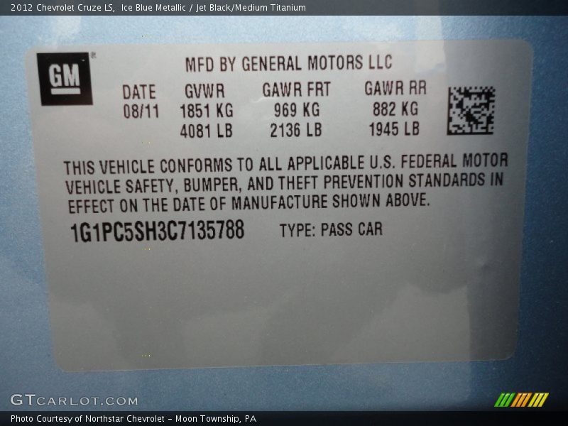 Ice Blue Metallic / Jet Black/Medium Titanium 2012 Chevrolet Cruze LS