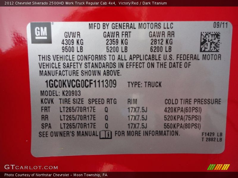 Info Tag of 2012 Silverado 2500HD Work Truck Regular Cab 4x4