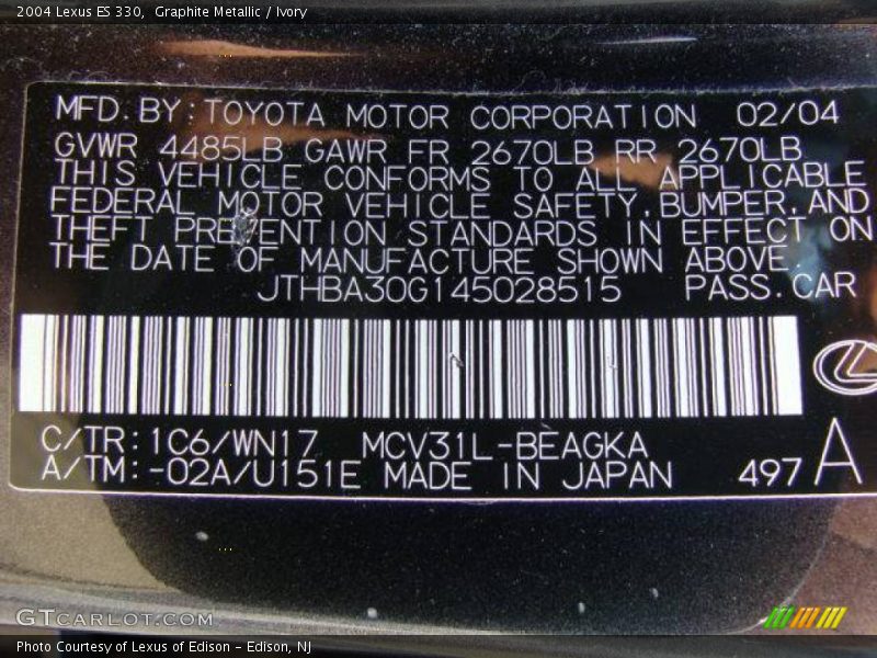 Graphite Metallic / Ivory 2004 Lexus ES 330