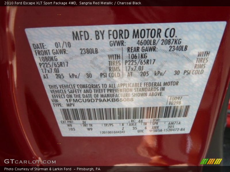 Sangria Red Metallic / Charcoal Black 2010 Ford Escape XLT Sport Package 4WD