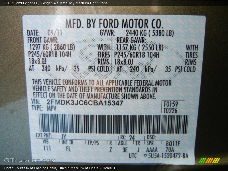2012 Edge SEL Ginger Ale Metallic Color Code JY